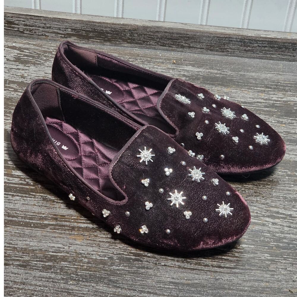 Birdies Women's Burgundy Velvet Slip On Loafer with Rhinestone Accents Size 8